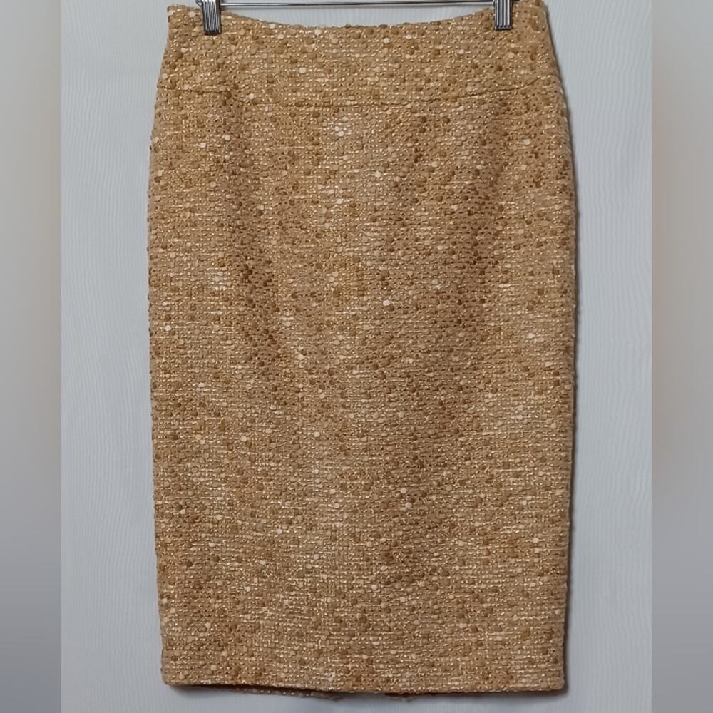 Lafayette148 New York Beige, Tan and Gold Metallic Wool Blend Skirt. 2